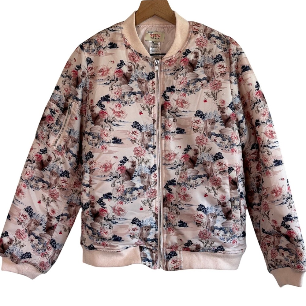 Paul & Joe Sister Satin Bomber Jacket Pink Womens 36 Floral Cat Print Zip Up